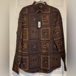 Murano Slim Fit Oxford Collection Sz Large New NWT Black Brown Cotton Button Up
